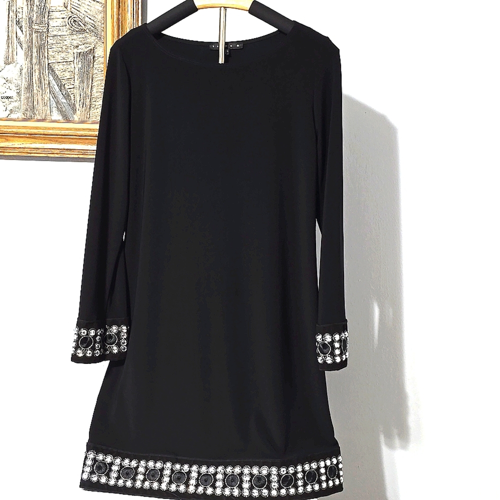 T I A N A B. Women's Shift Dress with Beaded Cuffs and Hem